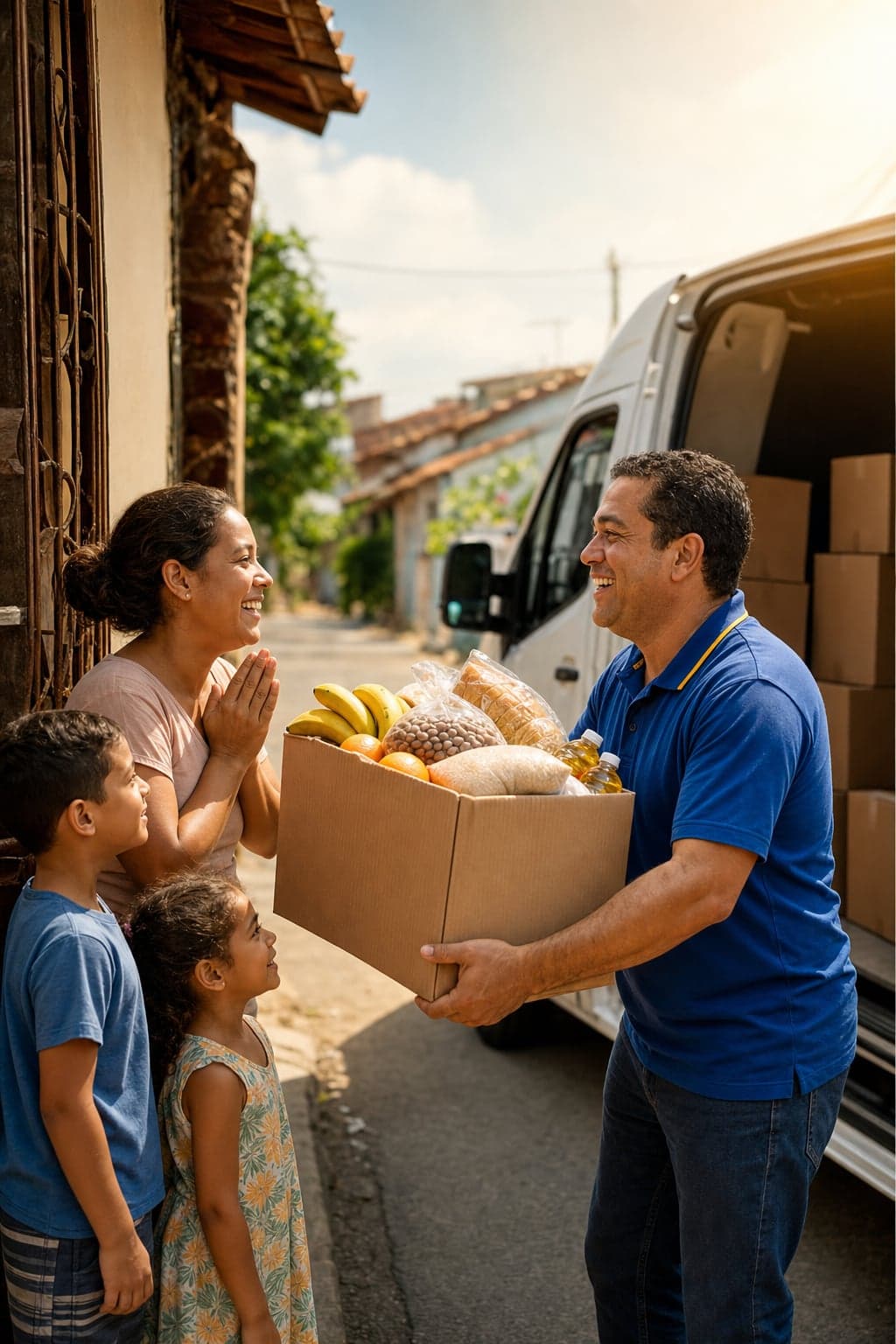 Família brasileira recebendo cesta básica de um voluntário do Banco de Alimentos, com a van de distribuição ao fundo