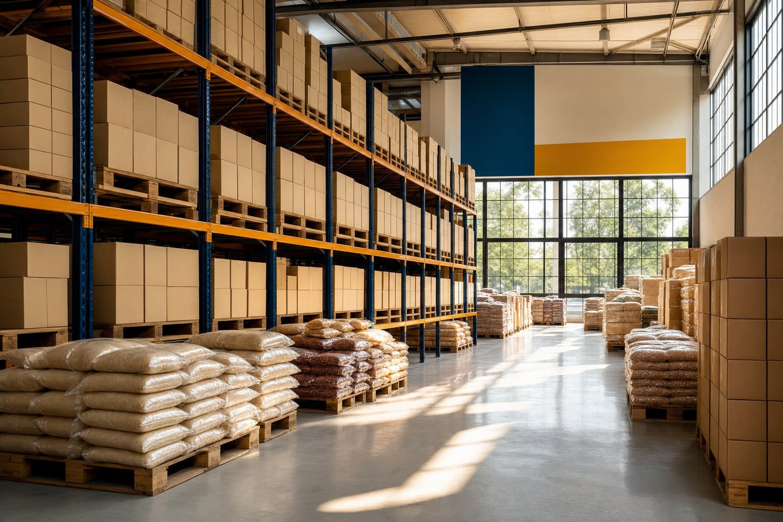 Galpão do Banco de Alimentos de Canoas organizado com prateleiras e cestas