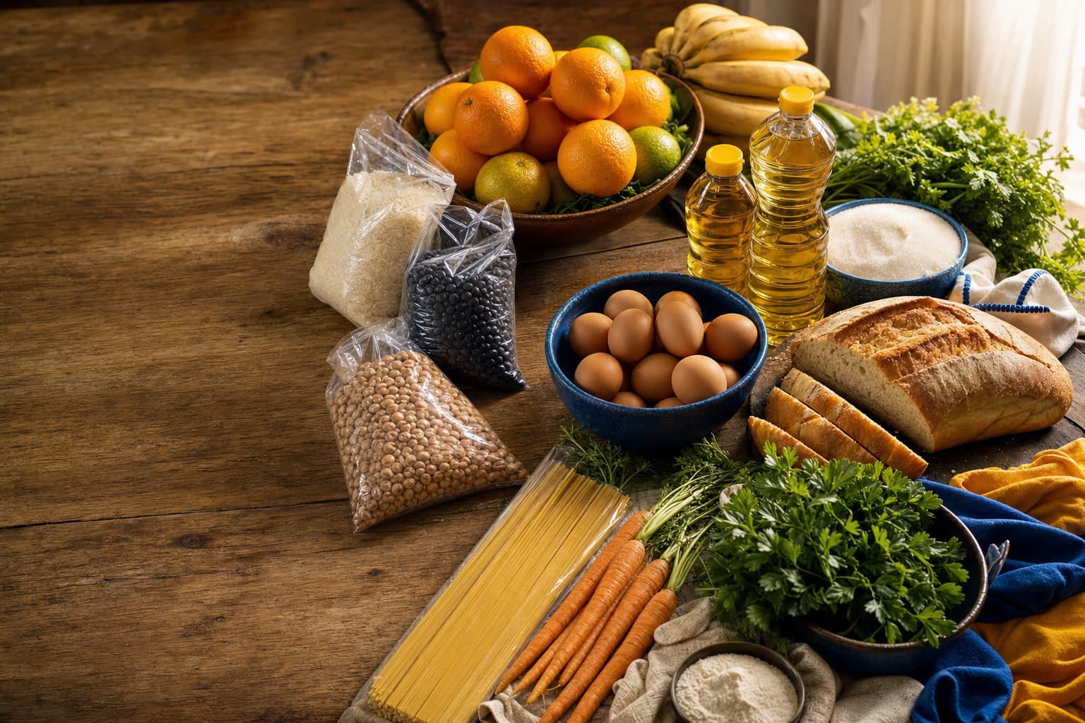 Mesa farta com alimentos não-perecíveis e frescos doados ao Banco